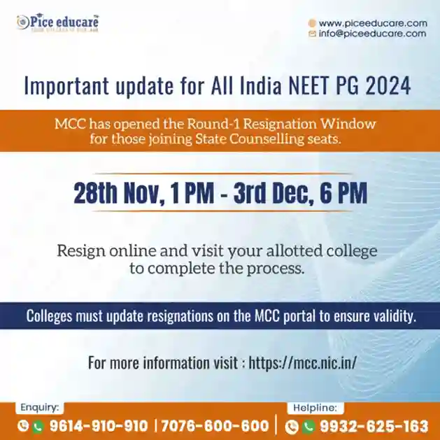 NEET PG 2024: MCC Allows Resignation from Round-1 Seats for State Counselling Allottees